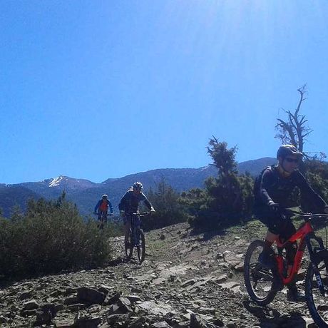 Blick auf drei Mountainbiker im Toubkal Nationalpark