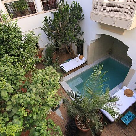 Blick in den Innenhof mit Baum und Tauchbecken