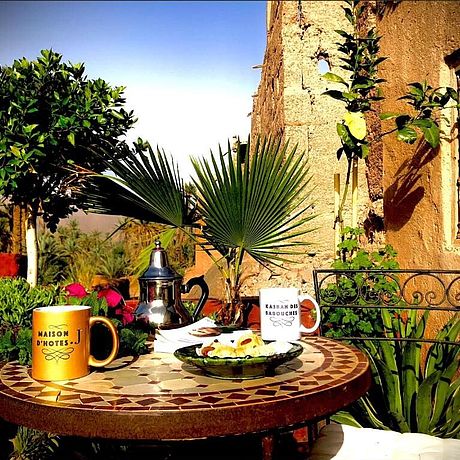 Maison J Galerie Frühstück auf der begrünten Terrasse