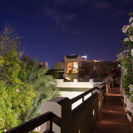 Blick auf ein Weg zwischen Pflanzen auf der Dachterrasse des Boutique-Hotels les Jardins de la Medina