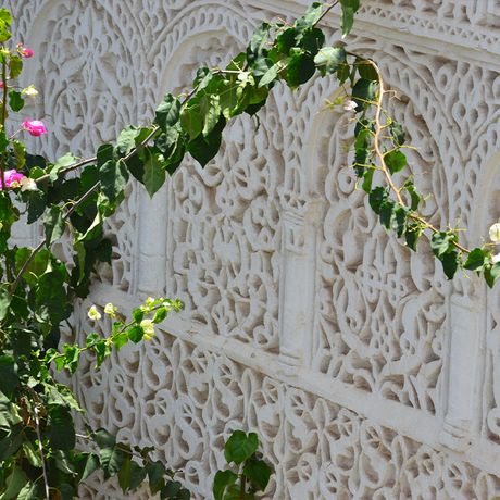 Blick auf eine Pflanze mit bunten Blueten vor der Fassade des Innenhofes im Riad Kalaa