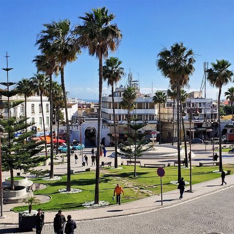 Blick auf Palmen und einen Springbrunnen auf einem Platz in der Medina von Tanger