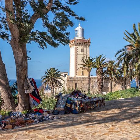 Blick auf einen Leuchtturm hinter Palmen am Strand von Tanger